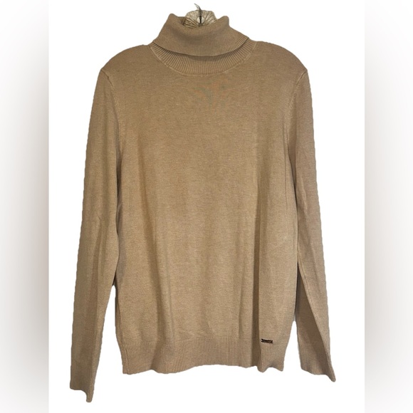 Calvin Klein Turtleneck Sweater Women’s Size Large Solid Beige Logo Classic Tan - Picture 1 of 11